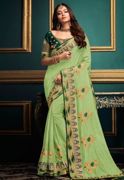 Light green satin embroidered party wear saree  10604